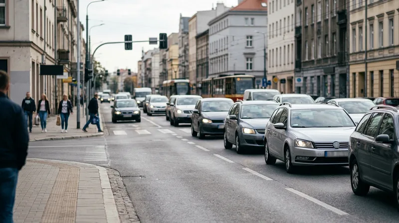 Miejskie skrzyżowanie widziane z perspektywy pieszego