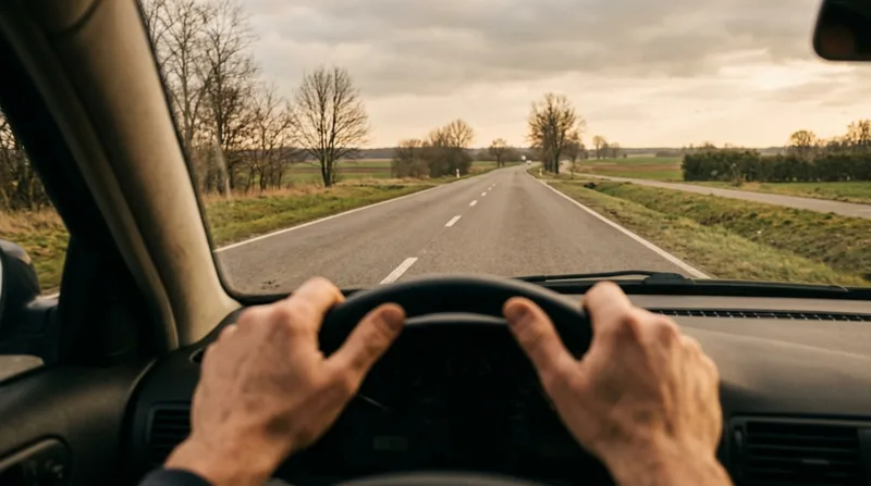 Widok zza kierownicy na drogę w pochmurny dzień
