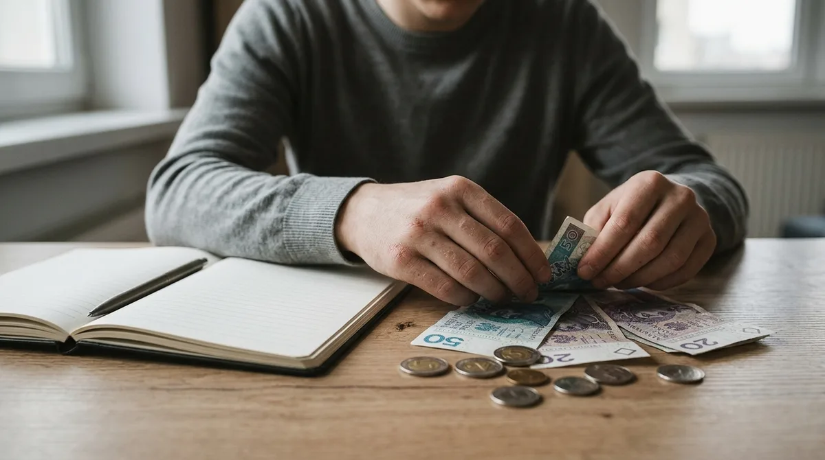 Dłonie liczące pieniądze przy biurku z otwartym notatnikiem