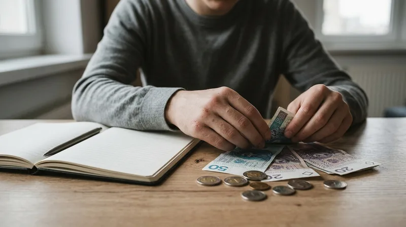 Dłonie liczące pieniądze przy biurku z otwartym notatnikiem