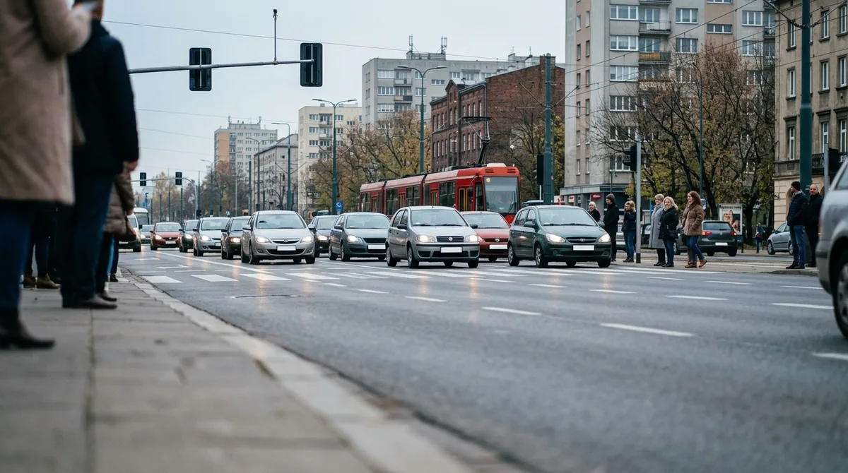Miejskie skrzyżowanie widziane z perspektywy pieszego