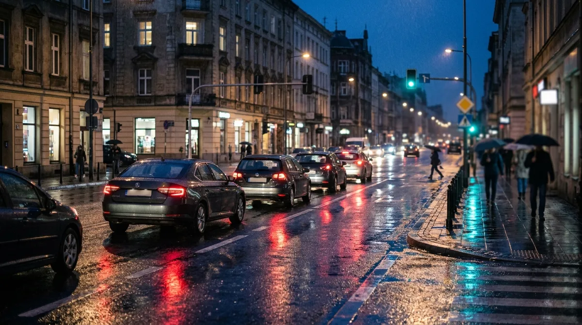 Mokra miejska ulica nocą z odbiciami świateł