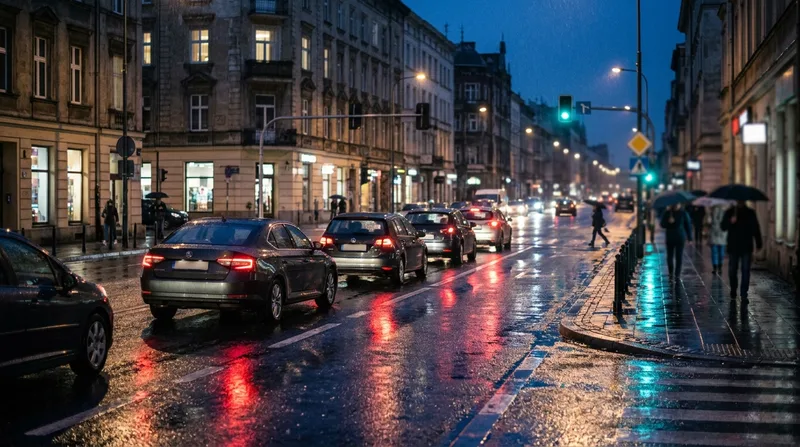 Mokra miejska ulica nocą z odbiciami świateł