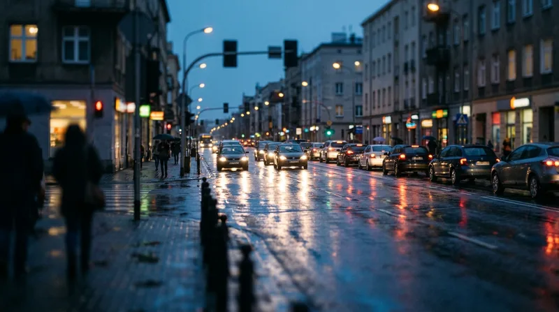 Mokra miejska ulica nocą z odbiciami świateł