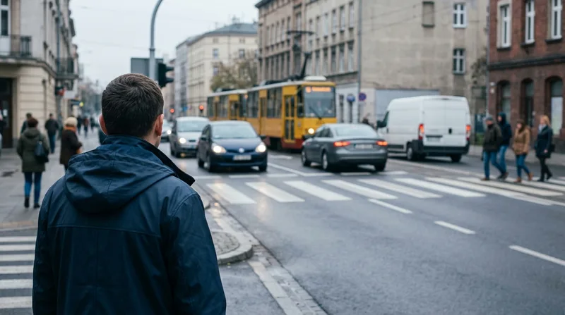 Miejskie skrzyżowanie widziane z perspektywy pieszego