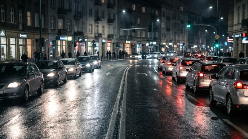 Mokra miejska ulica nocą z odbiciami świateł