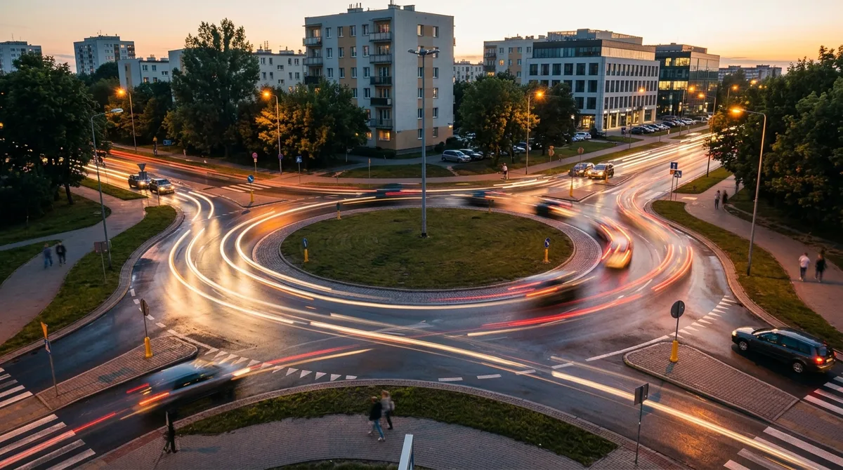 Rondo widziane z góry o zmierzchu, ze smugami świateł