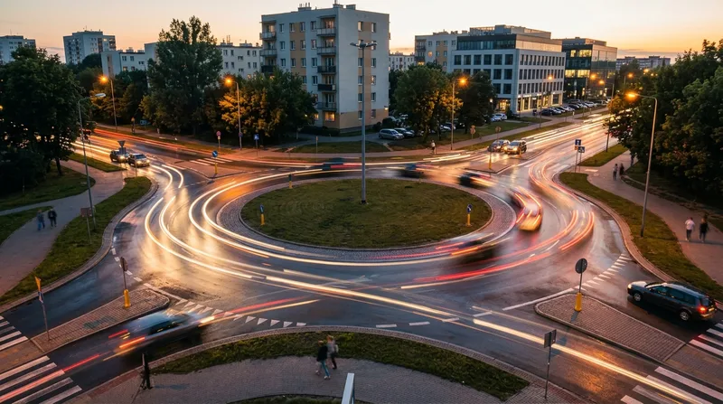 Rondo widziane z góry o zmierzchu, ze smugami świateł
