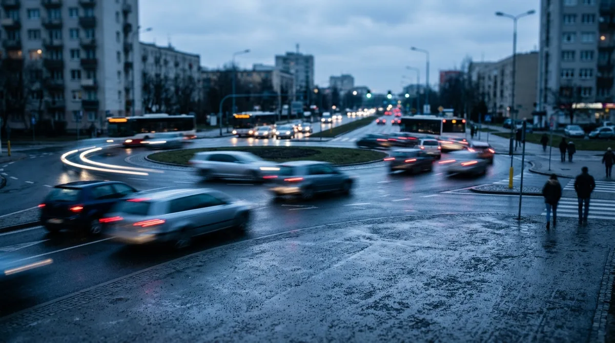 Rondo widziane z góry o zmierzchu, ze smugami świateł