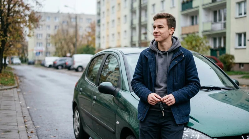 Młody kierowca z kluczykami przy samochodzie na spokojnej ulicy